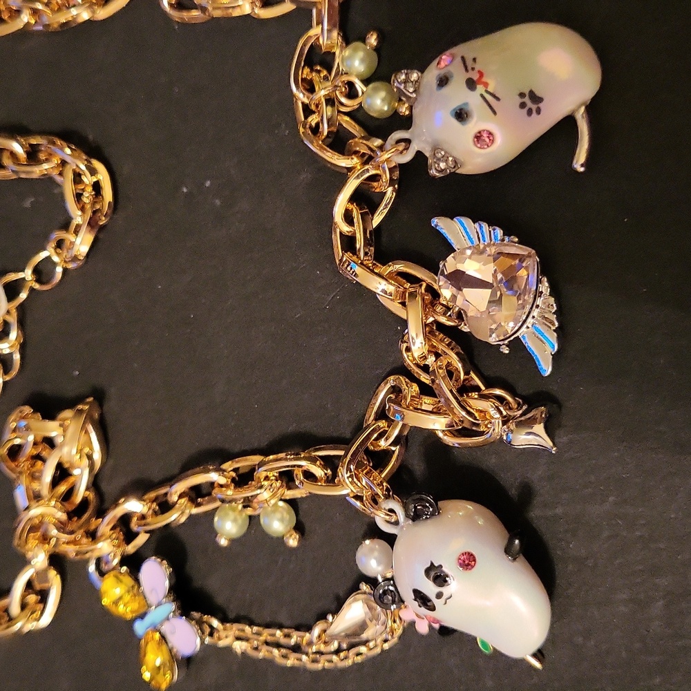 Betsey Johnson Pearl Critter Charm Necklace Panda Kitty Swan